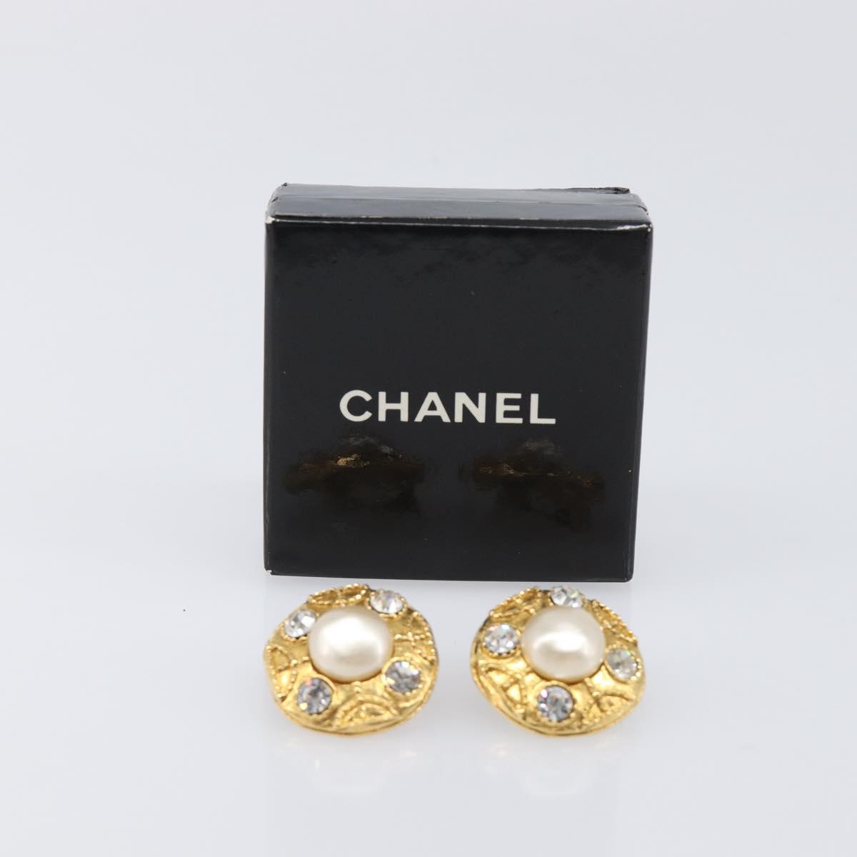 CHANEL Earring Metal Gold Tone White CC Auth bs37230