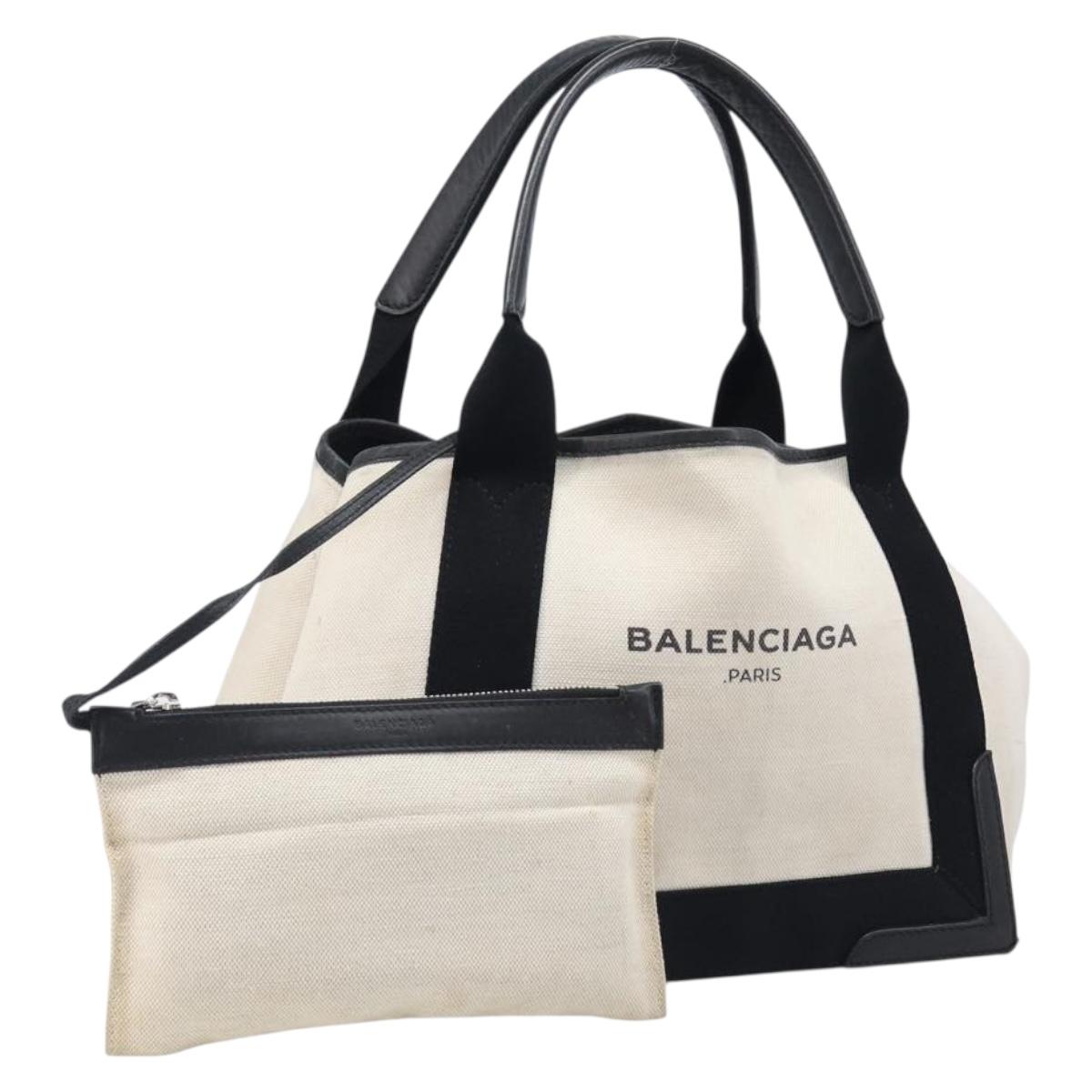 BALENCIAGA Navy Cabas Tote Bag Canvas White Black 339933 Auth bs37238