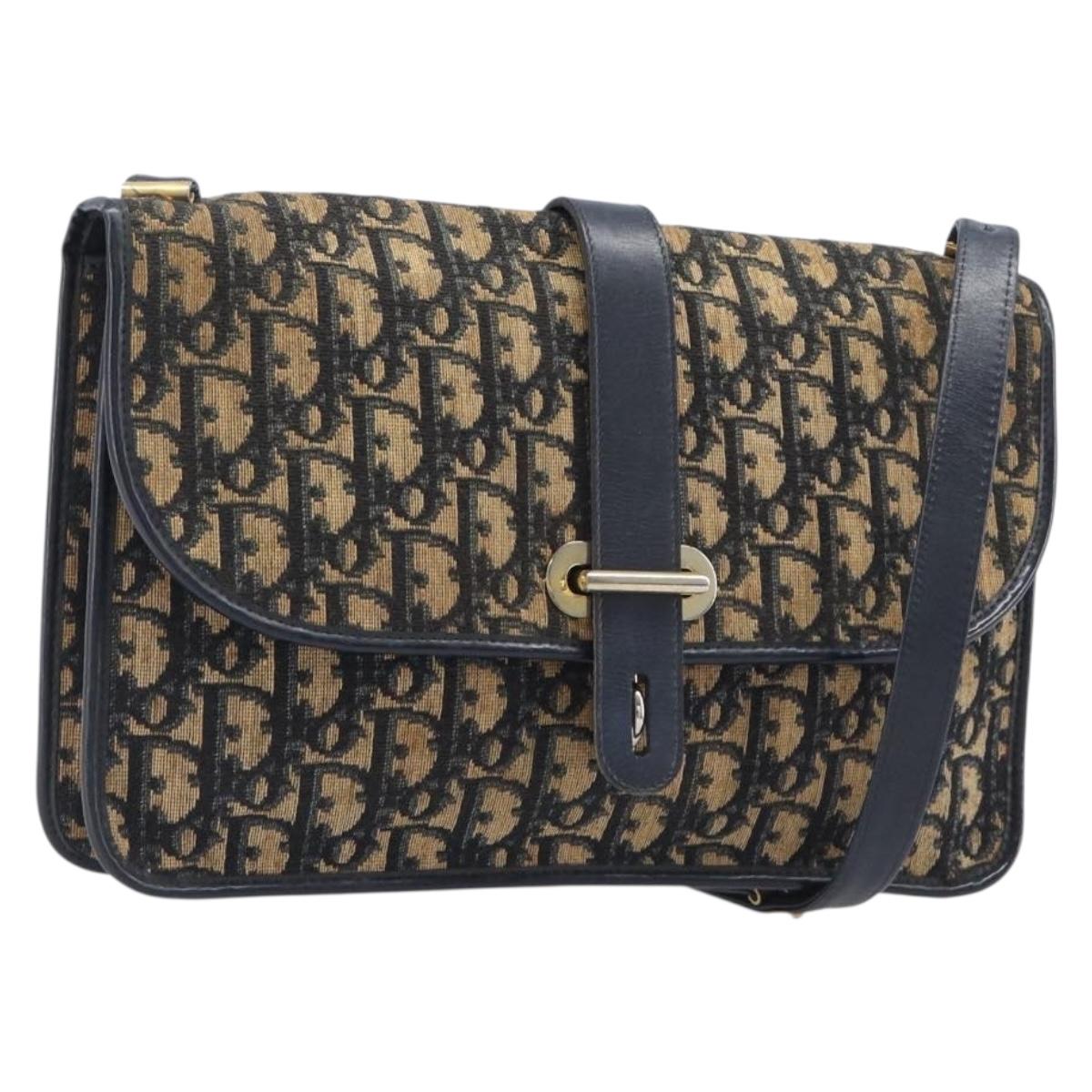 Christian Dior Trotter Canvas Shoulder Bag Navy Gold Tone Auth bs37239