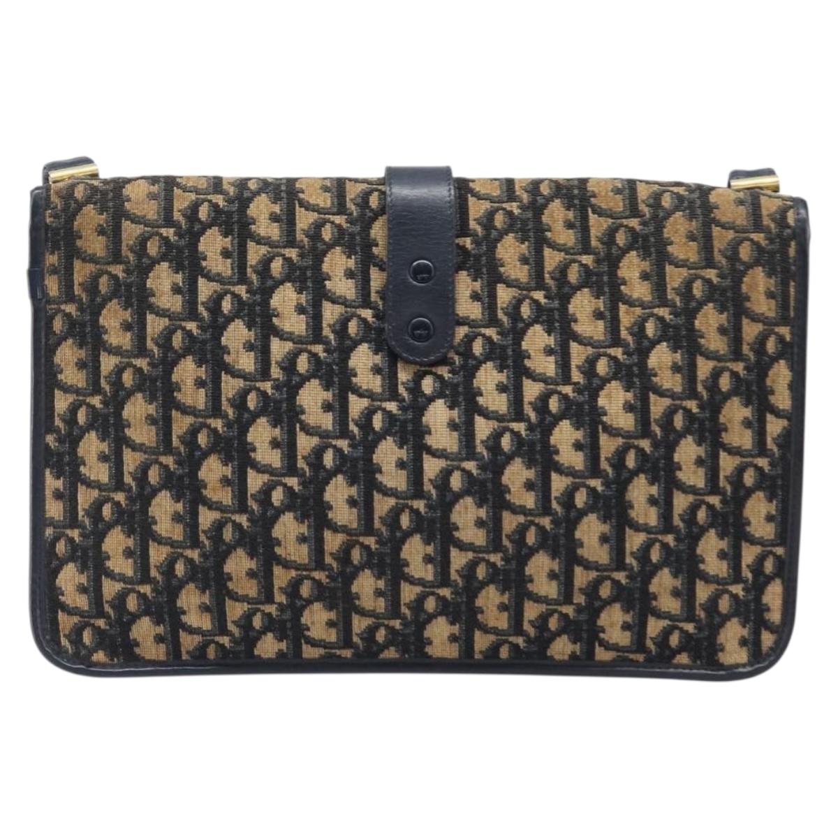 Christian Dior Trotter Canvas Shoulder Bag Navy Gold Tone Auth bs37239