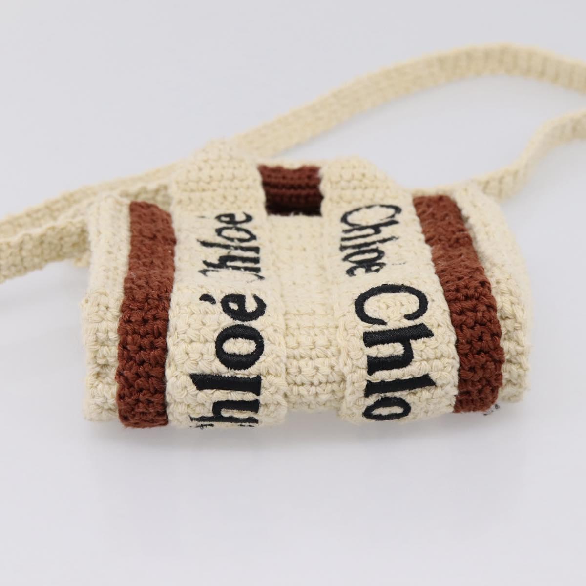 Chloe Woody Crochet Nano Tote Bag Cotton Beige Brown Auth bs37252A