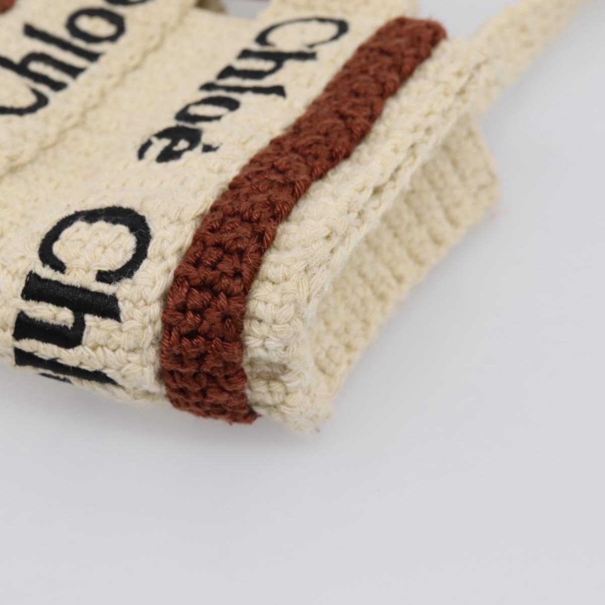 Chloe Woody Crochet Nano Tote Bag Cotton Beige Brown Auth bs37252A