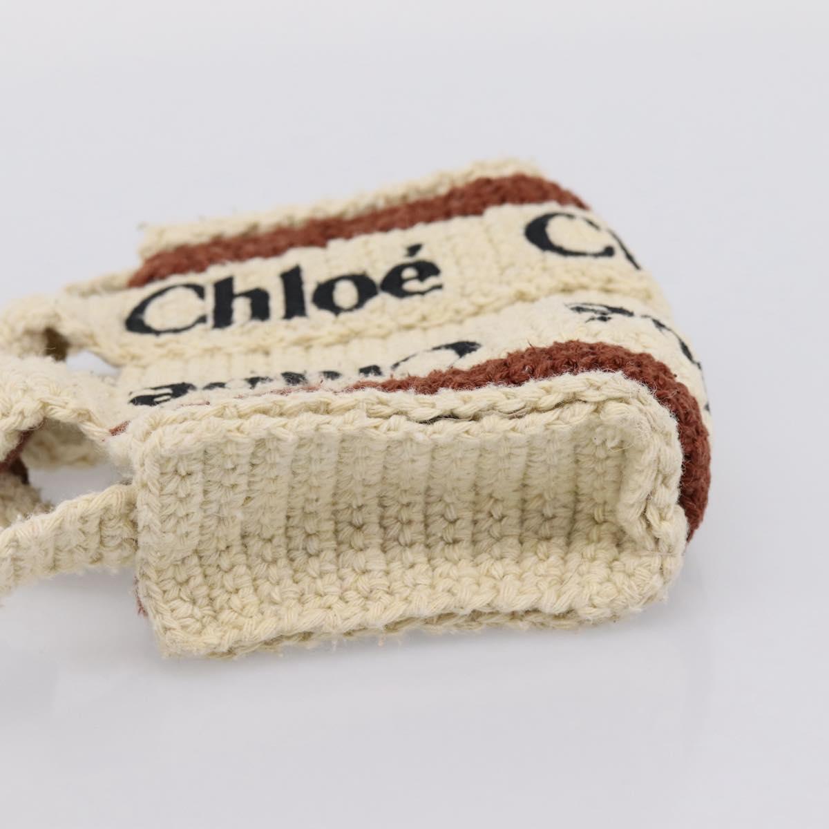 Chloe Woody Crochet Nano Tote Bag Cotton Beige Brown Auth bs37252A