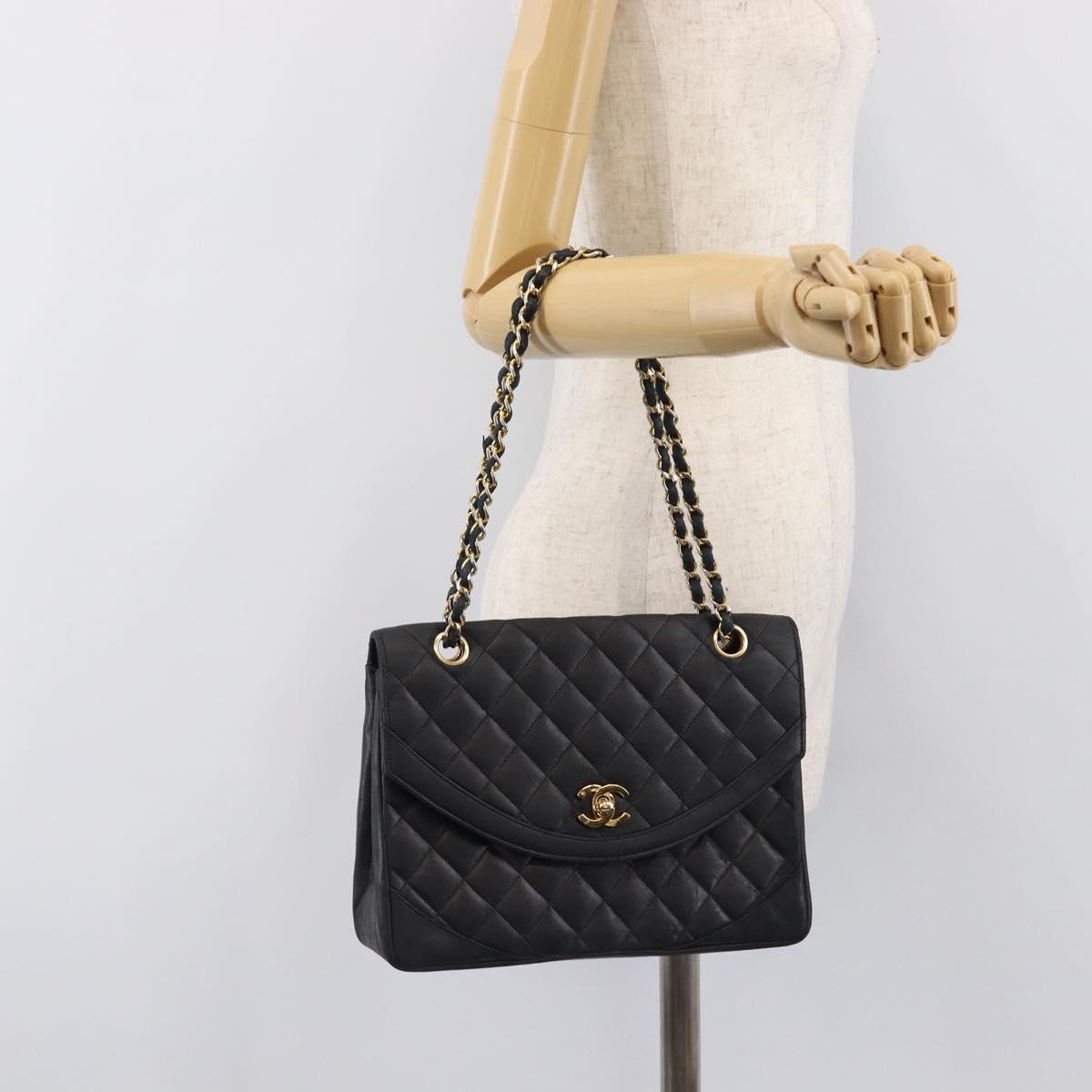 CHANEL Matelasse Chain Shoulder Bag Lamb Skin Black Gold Tone CC Auth bs37255