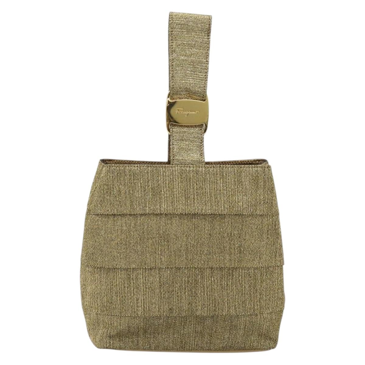 Salvatore Ferragamo Hand Bag Satin Gold Auth bs37259
