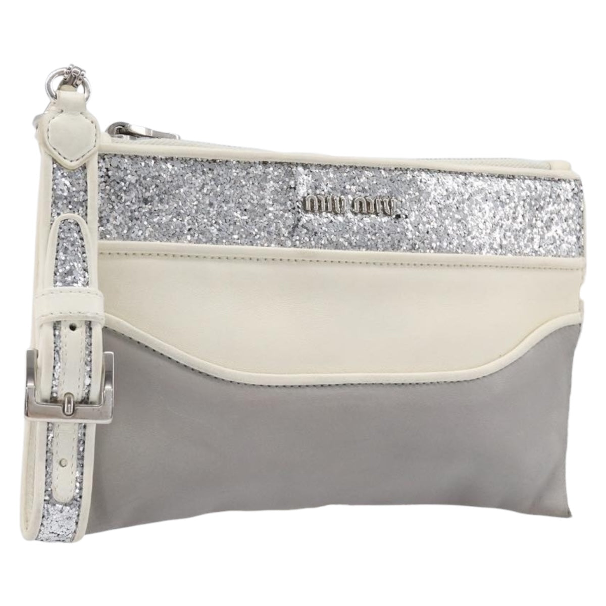 Miu Miu Pouch Leather Gray Silver Auth bs37264
