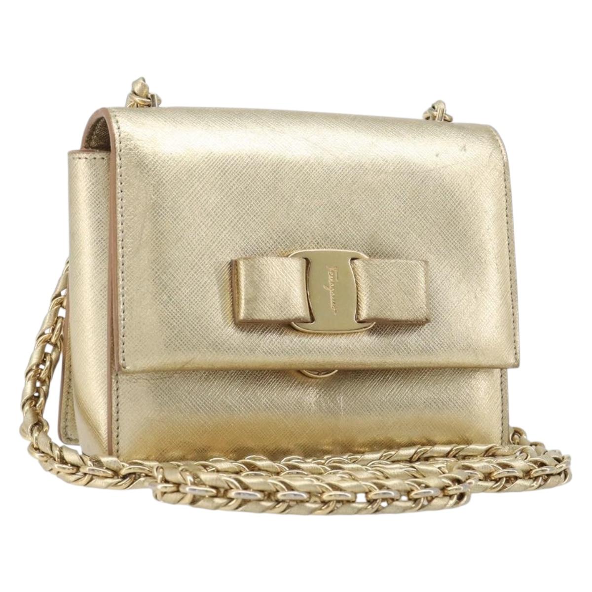 Salvatore Ferragamo Vala Chain Shoulder Bag Leather Gold Auth bs37272