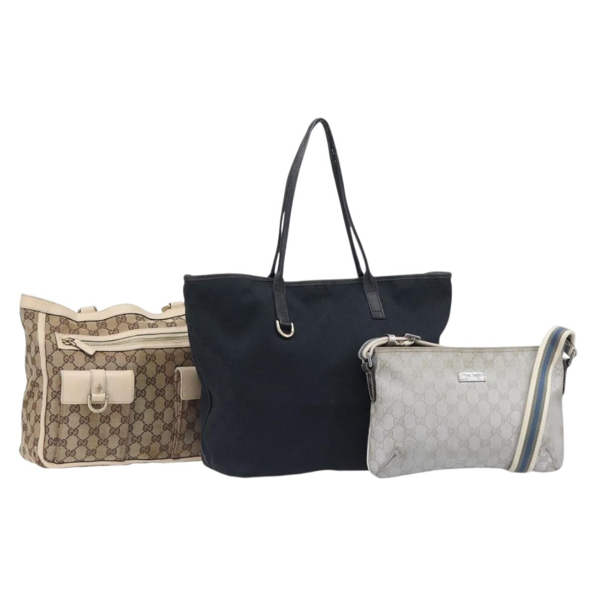 GUCCI GG Supreme Shoulder Bag 3 Set Beige Black Silver Auth bs37284
