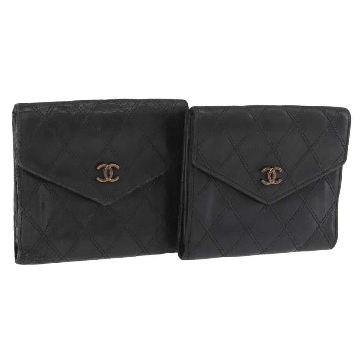CHANEL Bicolore Wallet Leather 2 Set Black CC Auth bs37308
