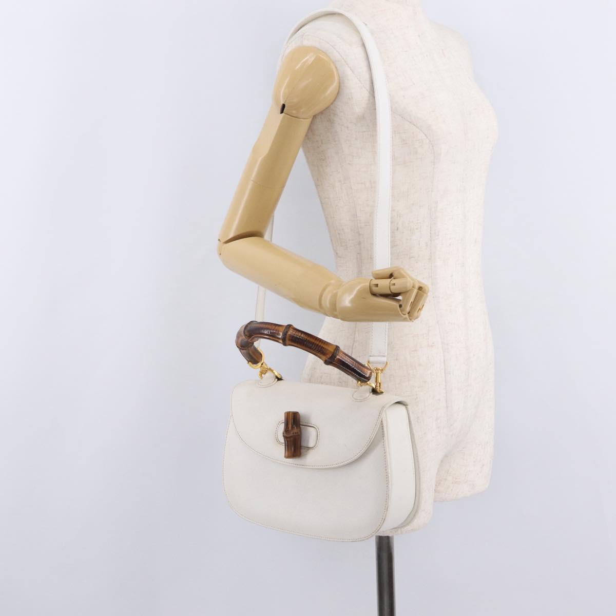 GUCCI Bamboo Hand Bag Leather 2way White Gold 000 2029 0633 Auth bs37338A