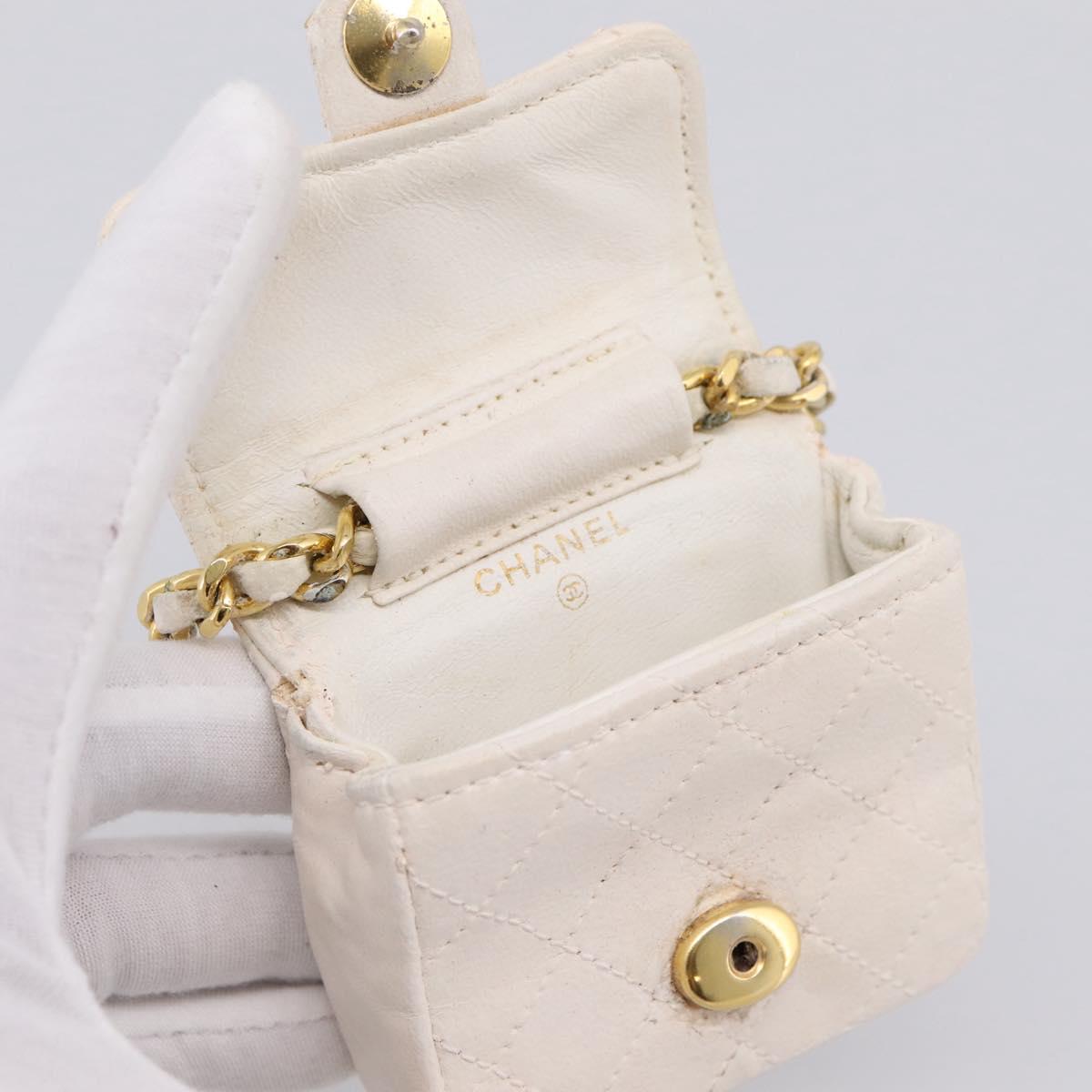 CHANEL Matelasse Charm Lamb Skin White Beige CC Auth bs37343