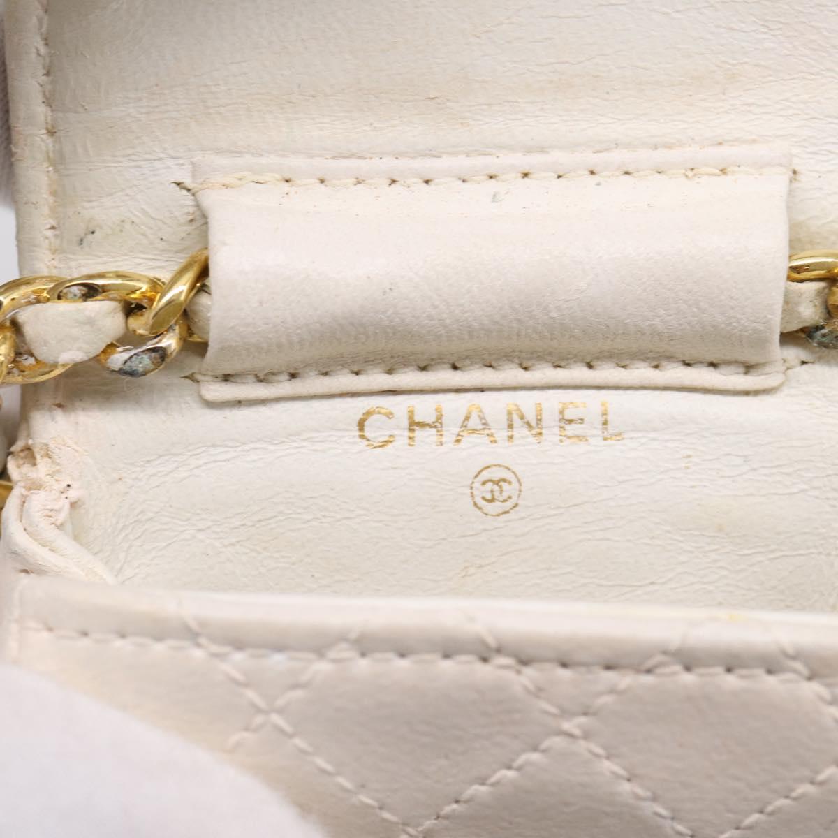 CHANEL Matelasse Charm Lamb Skin White Beige CC Auth bs37343