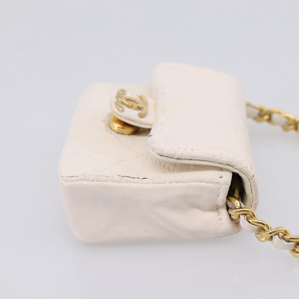 CHANEL Matelasse Charm Lamb Skin White Beige CC Auth bs37343