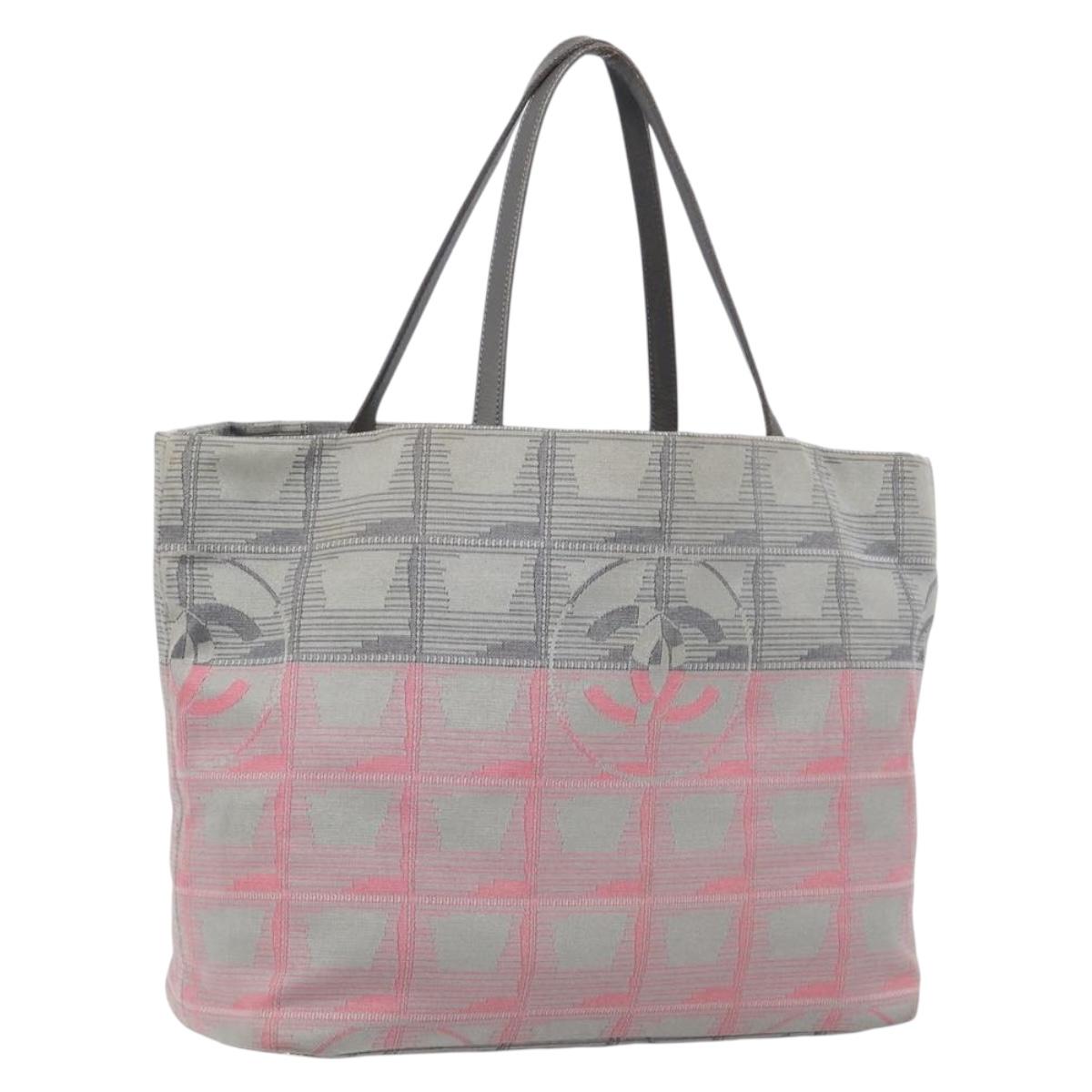 CHANEL New Travel Line Tote Bag Canvas Gray Silver CC Auth bs37392A
