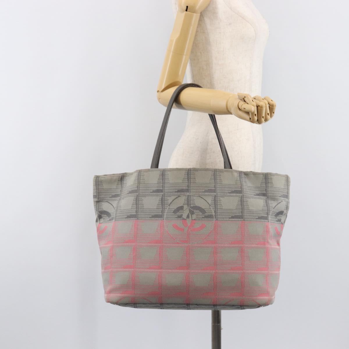 CHANEL New Travel Line Tote Bag Canvas Gray Silver CC Auth bs37392A