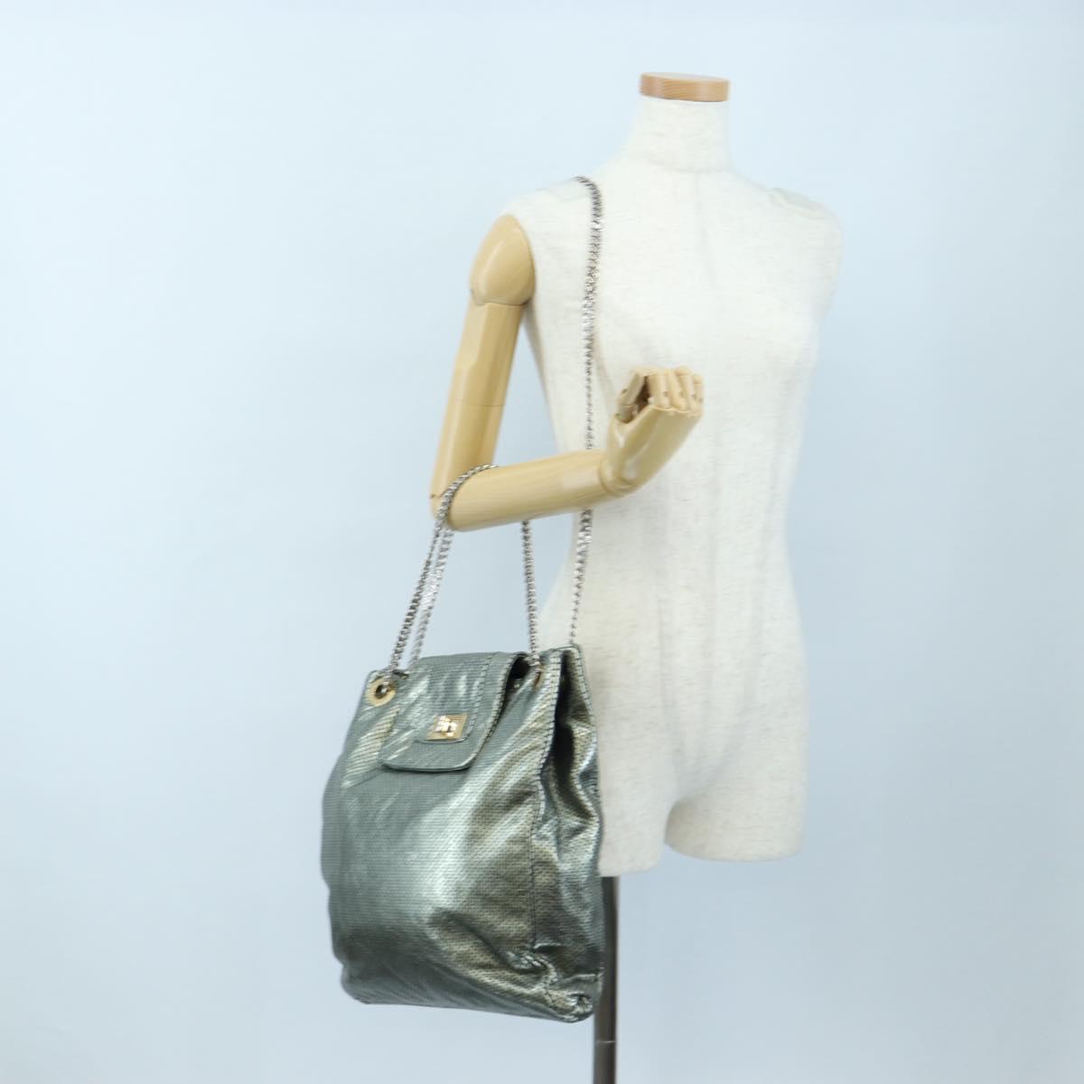 CHANEL 2.55 Chain Shoulder Bag Punching Leather Green Silver CC Auth bs37393V