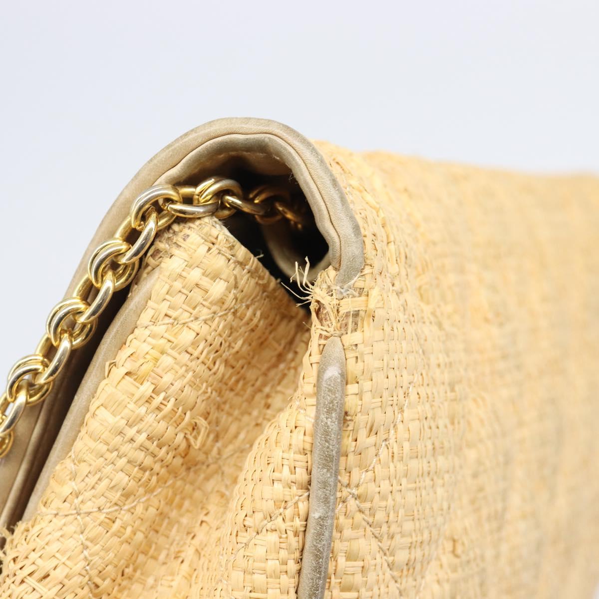 CHANEL Matelasse Chain Shoulder Bag Raffia Beige Gold CC Auth bs37394