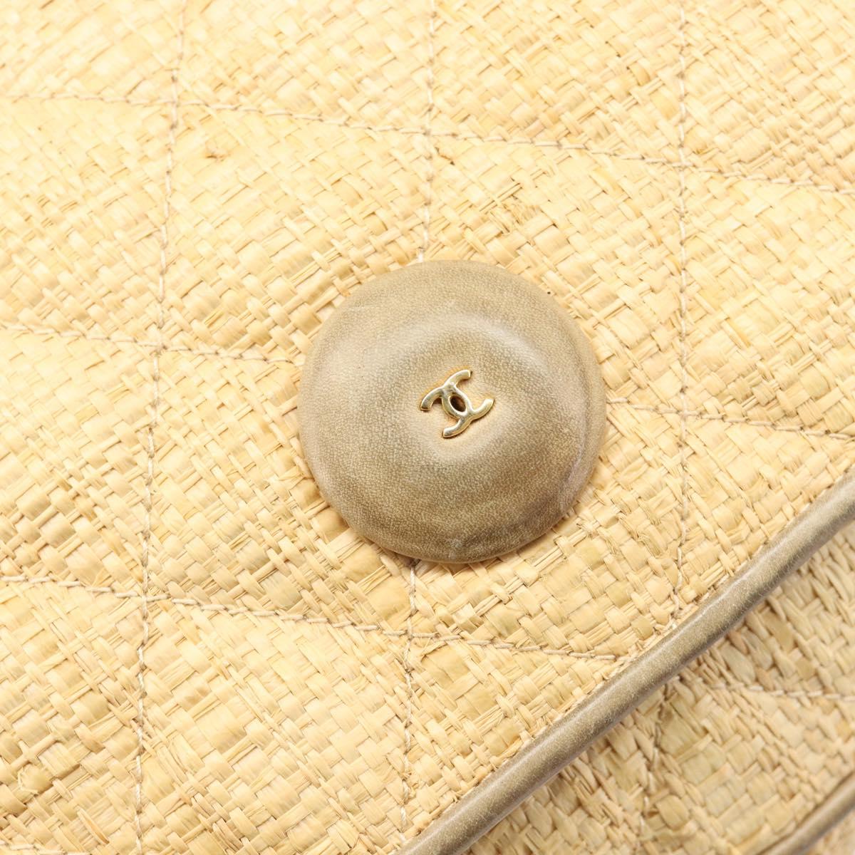 CHANEL Matelasse Chain Shoulder Bag Raffia Beige Gold CC Auth bs37394