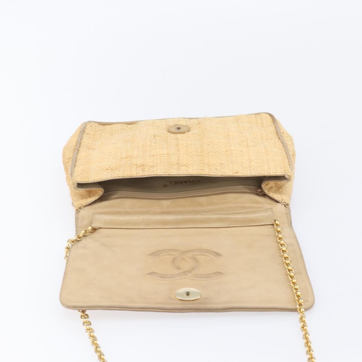 CHANEL Matelasse Chain Shoulder Bag Raffia Beige Gold CC Auth bs37394