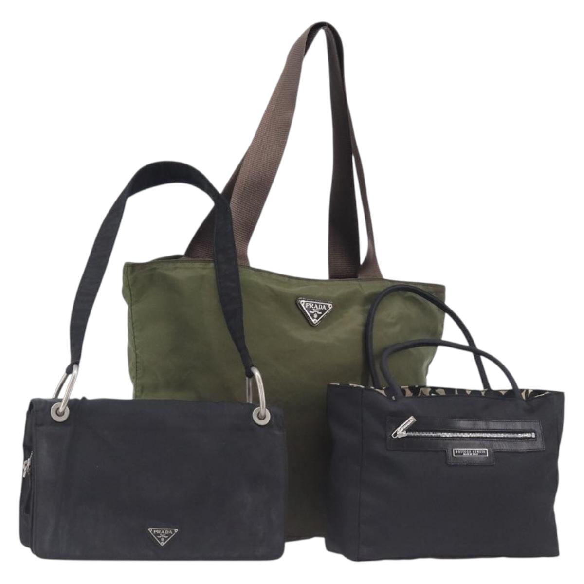 PRADA BOTTEGA VENETA Hand Bag Nylon 3 Set Black Khaki Auth bs37399