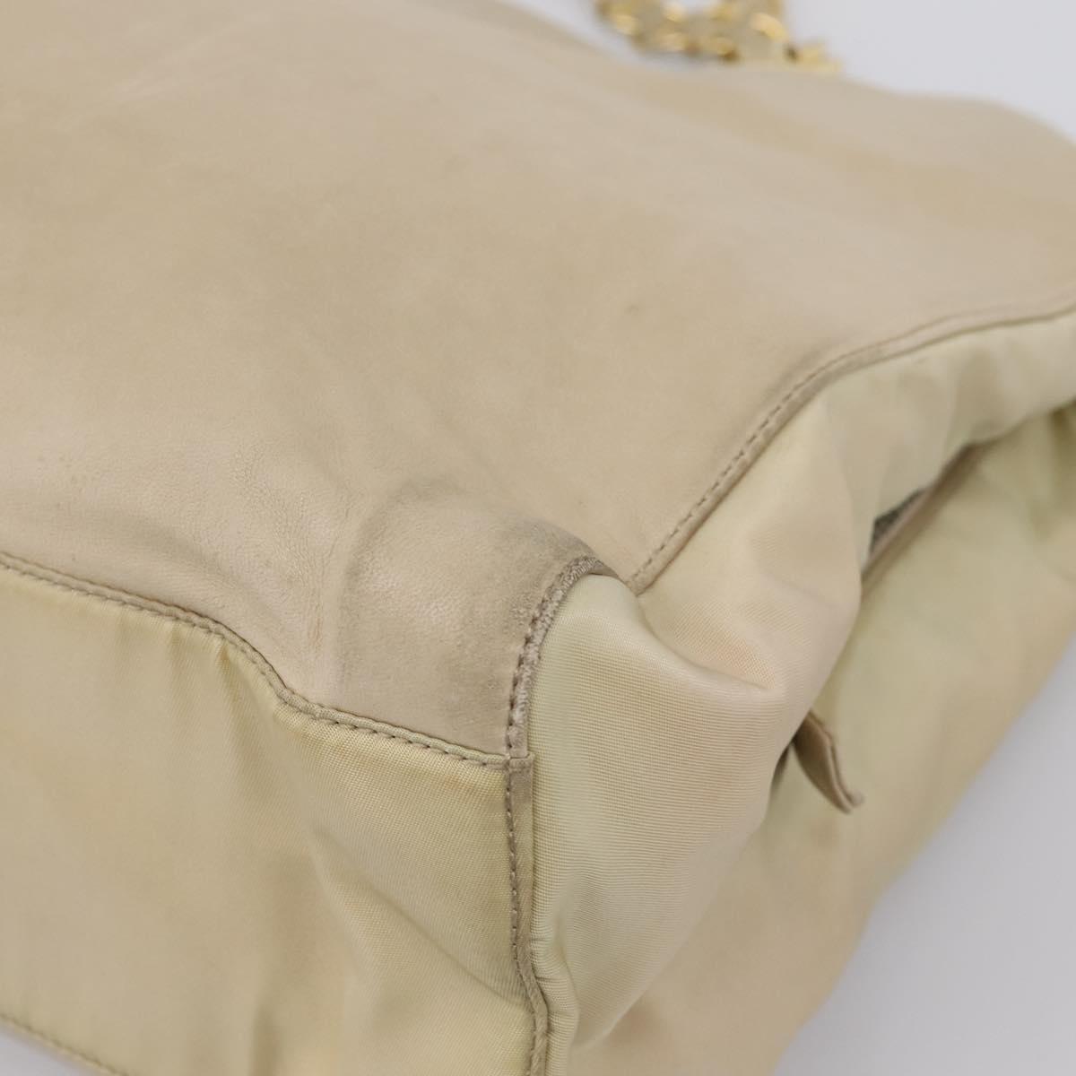 PRADA Chain Tote Bag Leather Beige Gold Auth bs37400