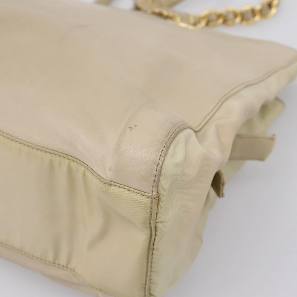 PRADA Chain Tote Bag Leather Beige Gold Auth bs37400