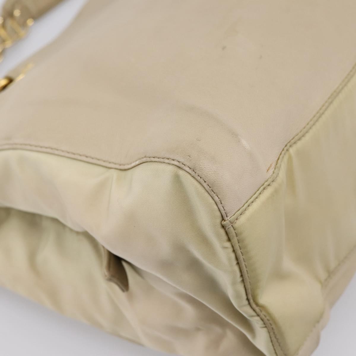 PRADA Chain Tote Bag Leather Beige Gold Auth bs37400