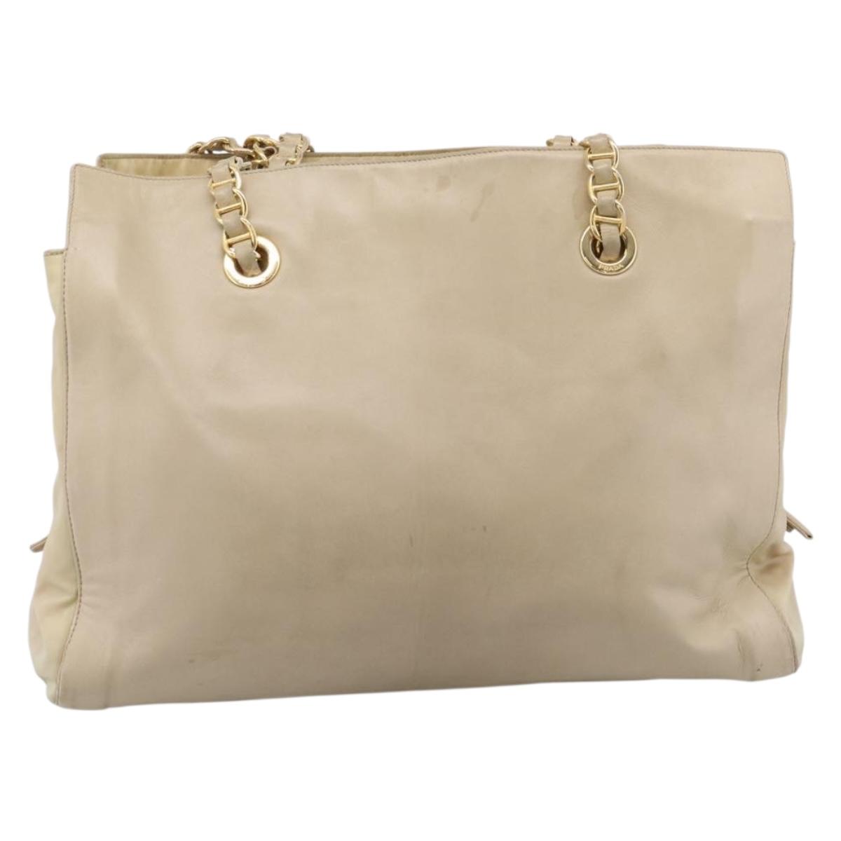 PRADA Chain Tote Bag Leather Beige Gold Auth bs37400
