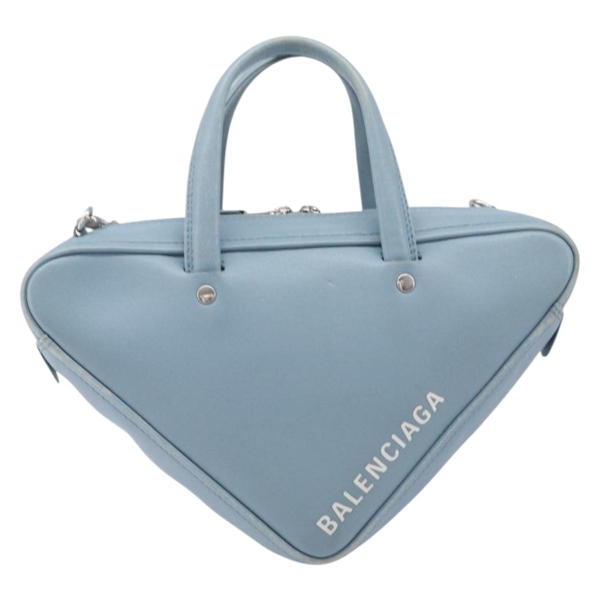BALENCIAGA Triangle Duffel Bag Leather 2way Light Blue 531048 Auth bs37406