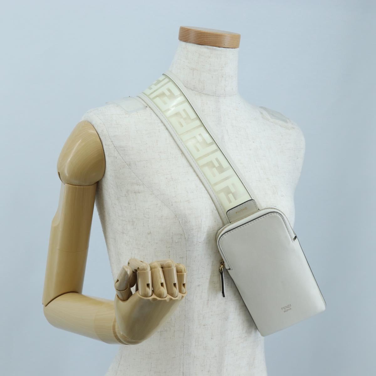 FENDI Strap You Shoulder Strap Leather 37"" White Gold Auth bs37411