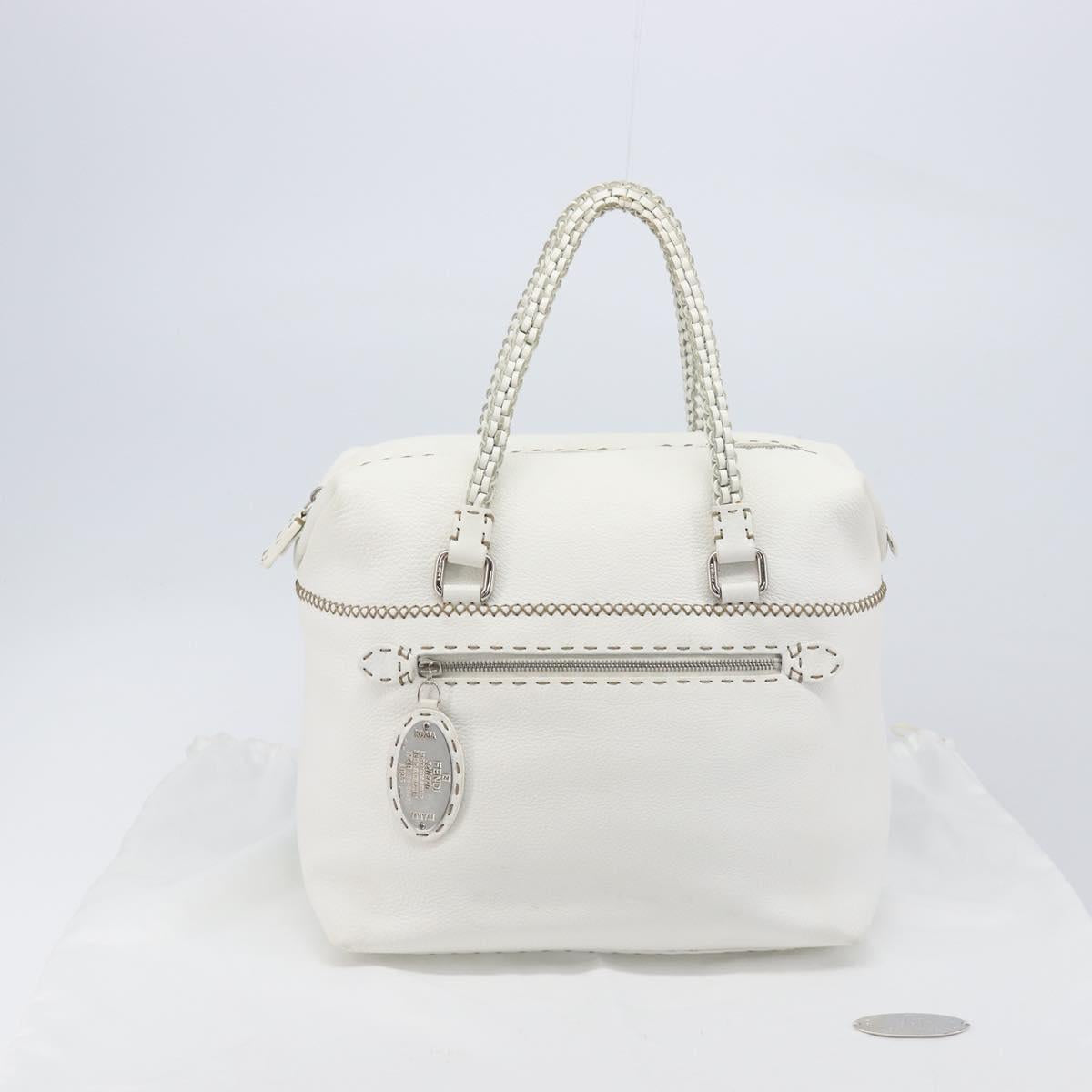 FENDI Celeria Tote Bag Leather White Silver Auth bs37416V