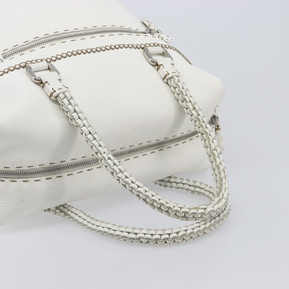 FENDI Celeria Tote Bag Leather White Silver Auth bs37416V