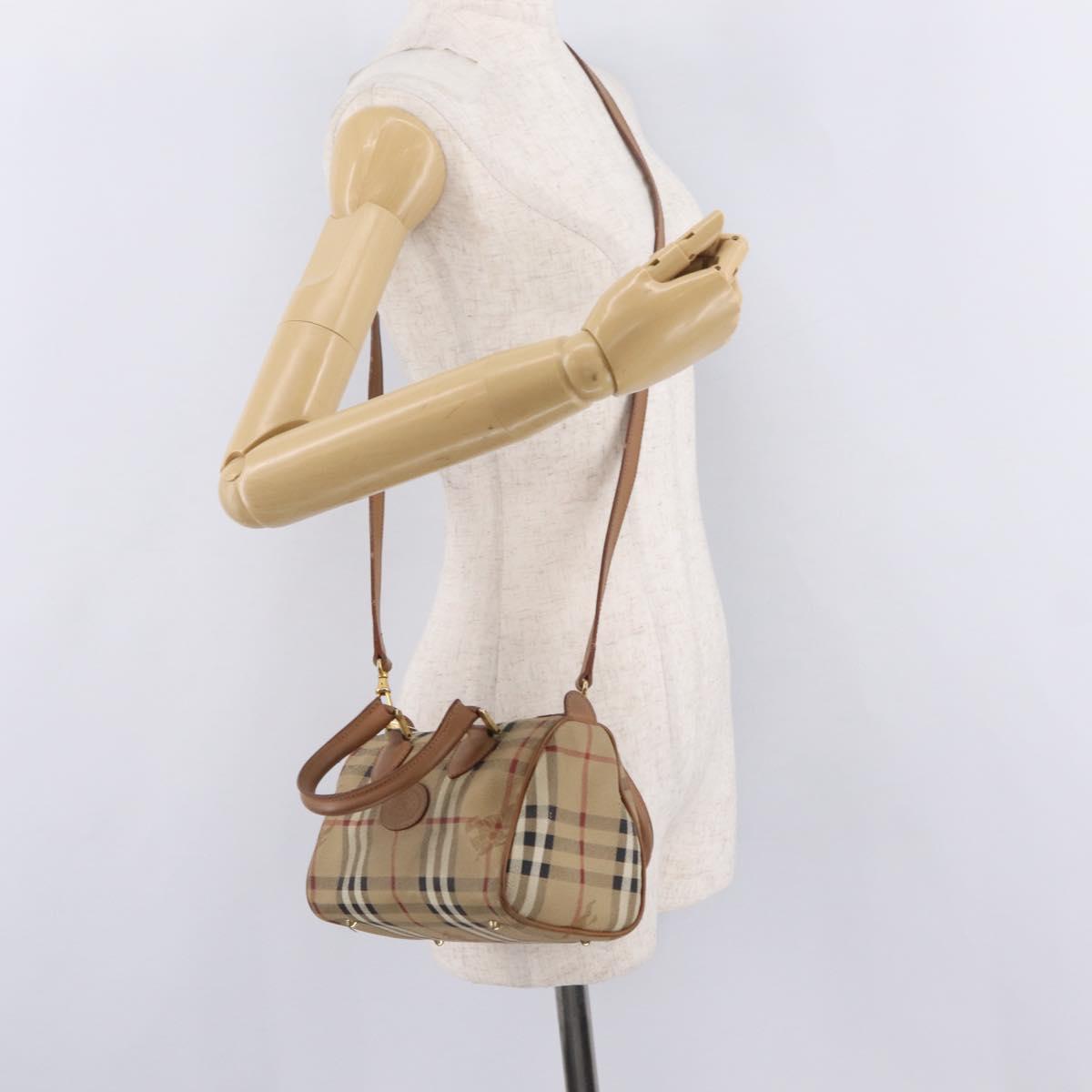 Burberrys Nova Check Hand Bag PVC 2way Beige Gold Auth bs37479