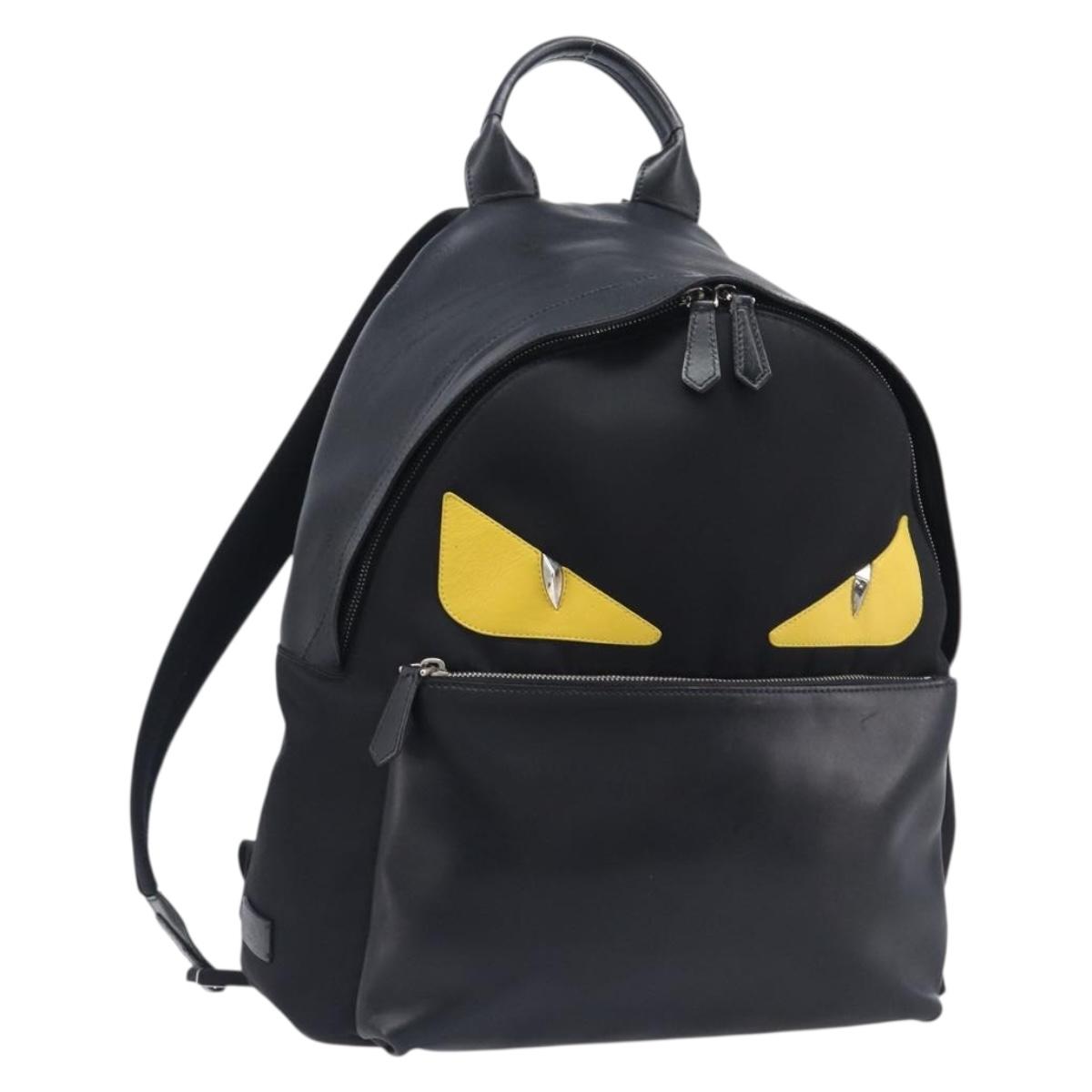 FENDI Monster Backpack Leather Nylon Black Silver Auth bs37498