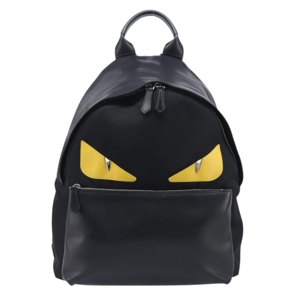 FENDI Monster Backpack Leather Nylon Black Silver Auth bs37498