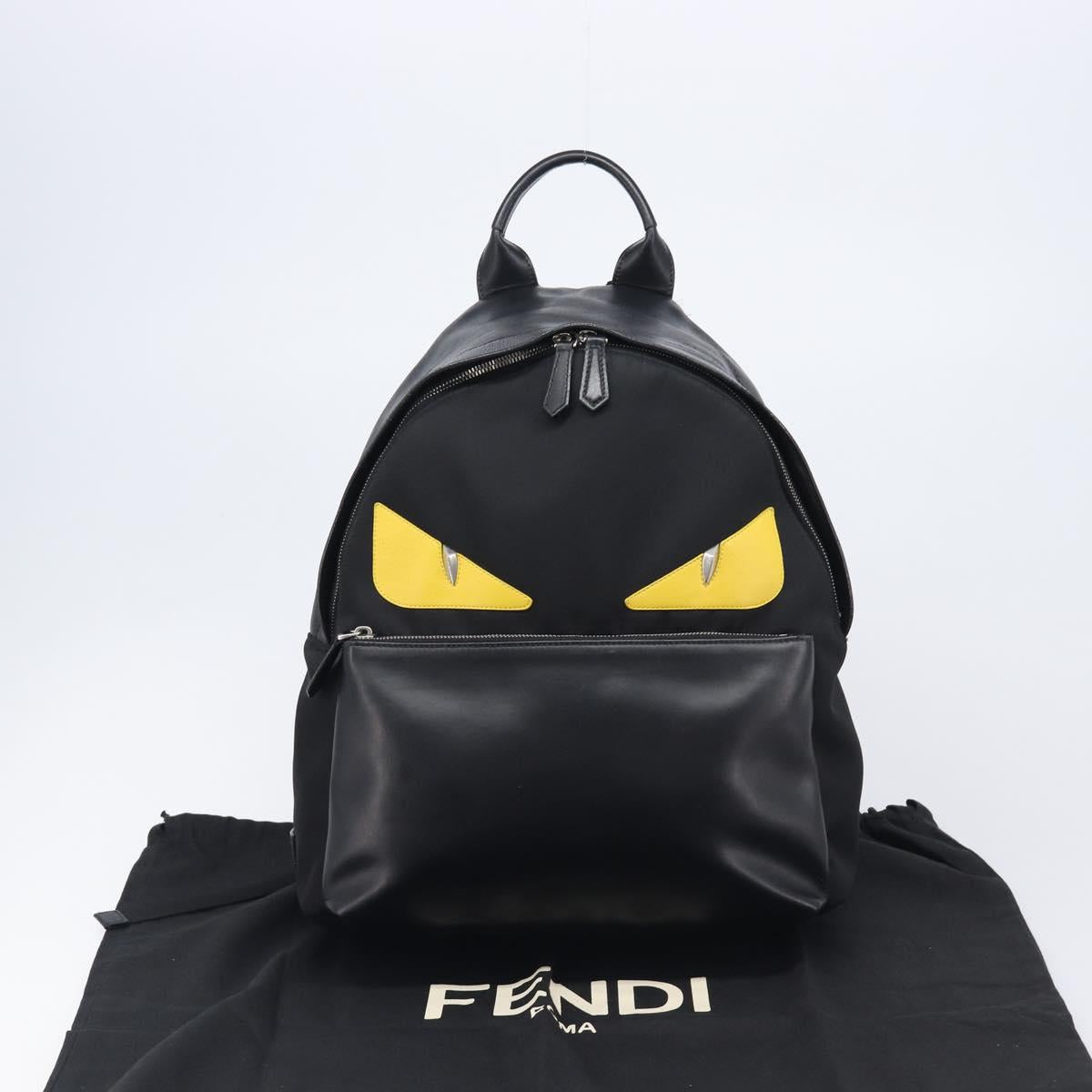 FENDI Monster Backpack Leather Nylon Black Silver Auth bs37498