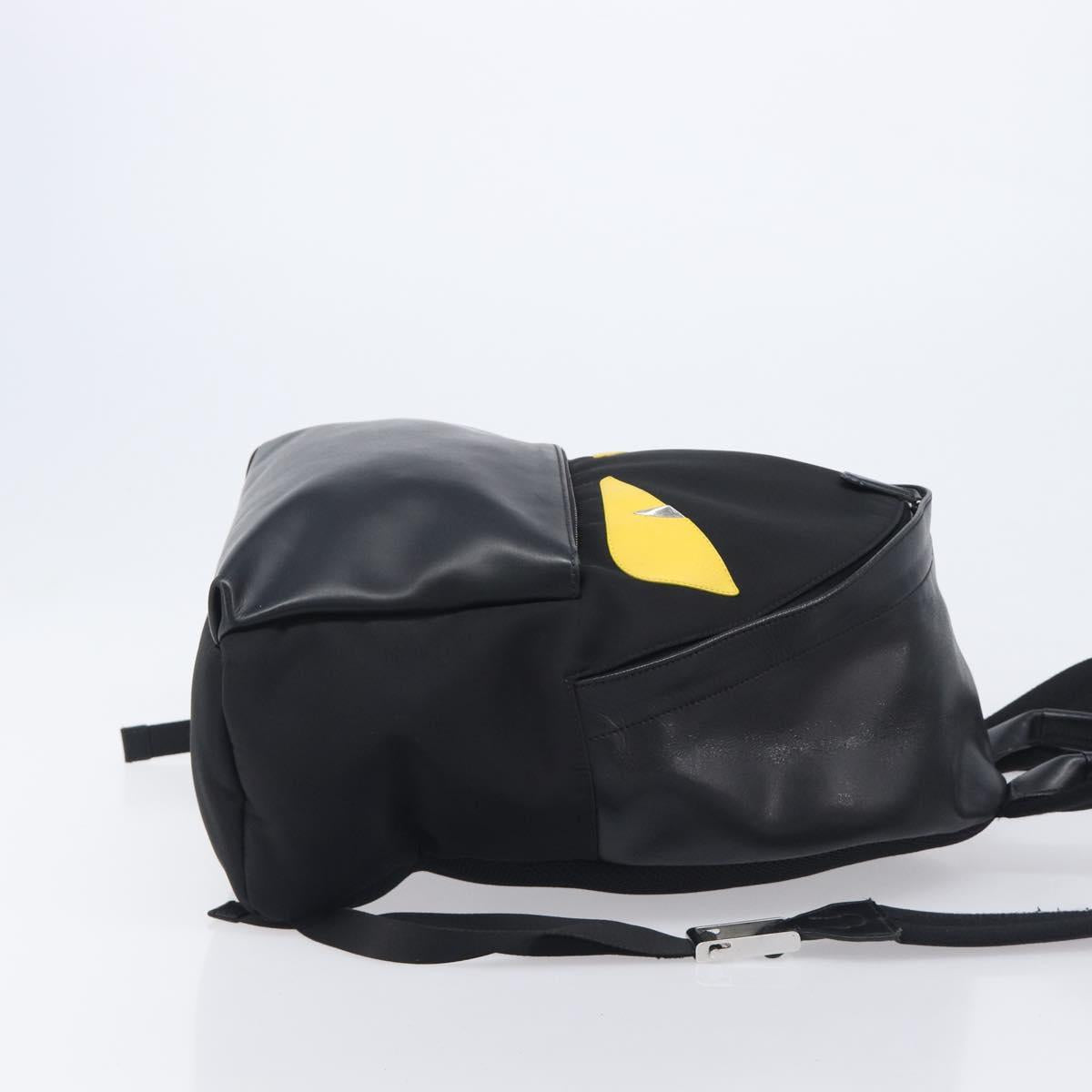 FENDI Monster Backpack Leather Nylon Black Silver Auth bs37498