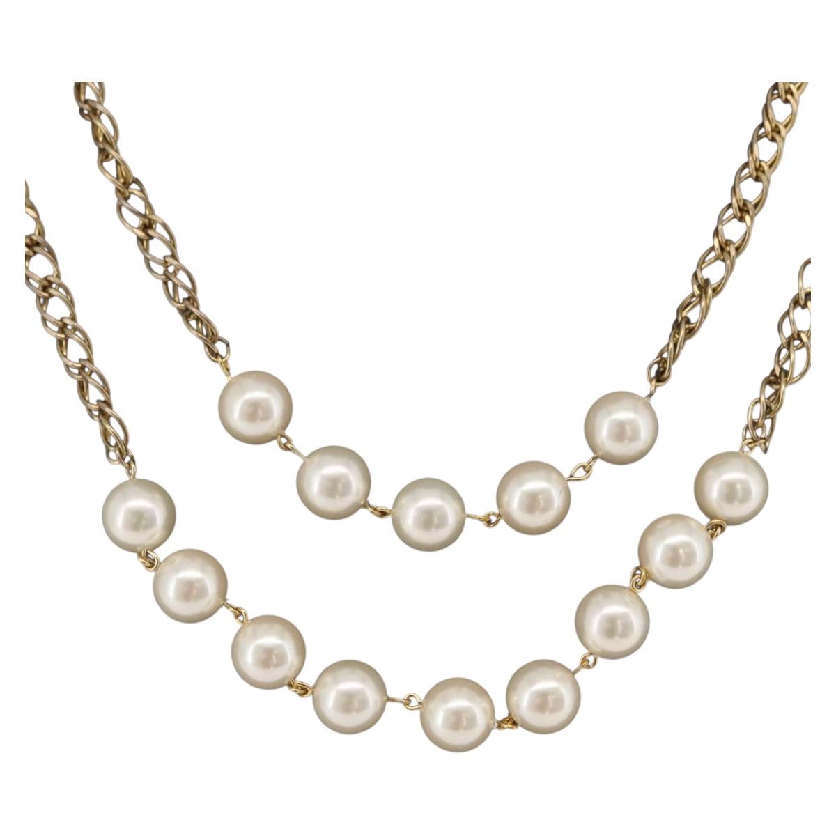 CHANEL Pearl Necklace Metal Gold Tone White CC Auth bs37529V