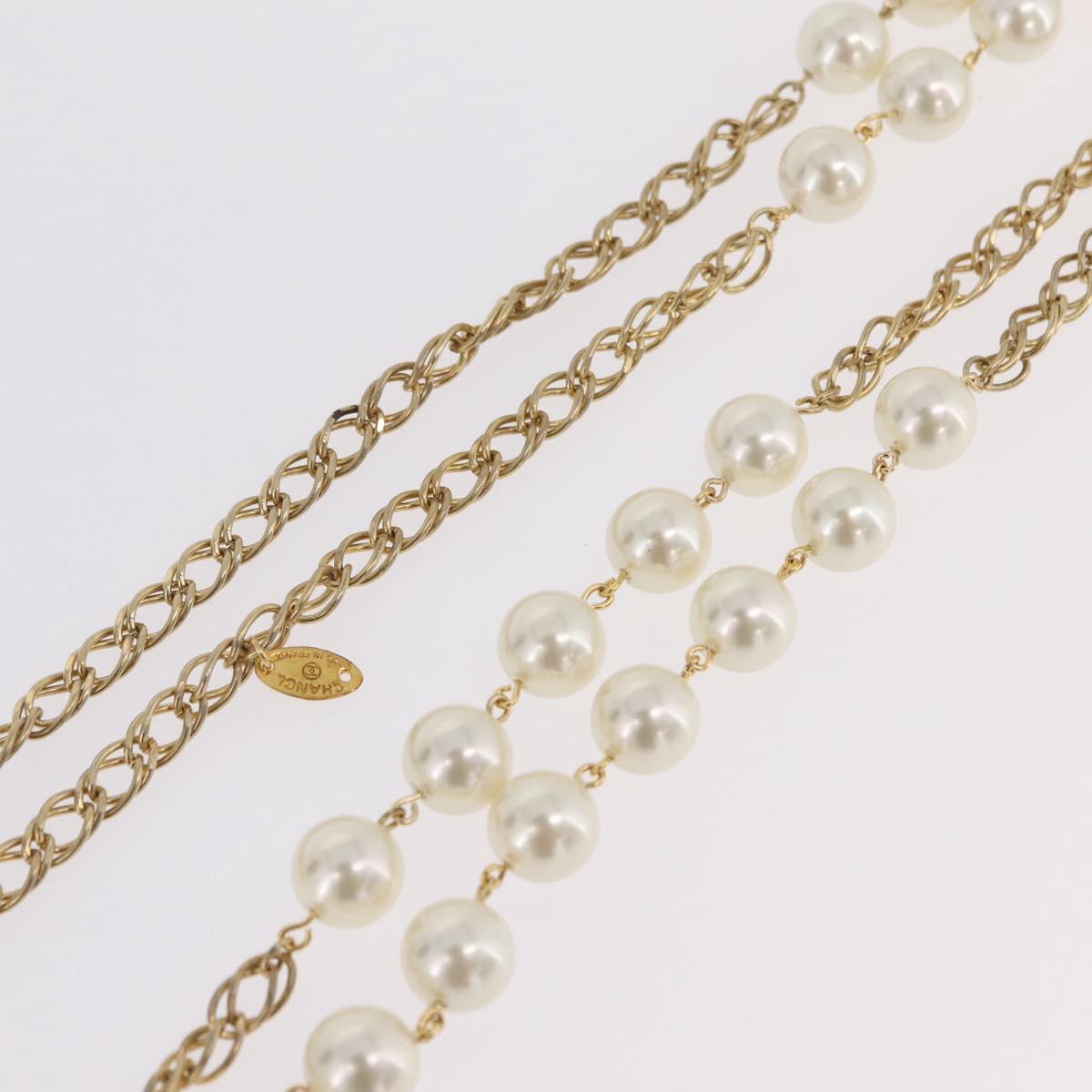 CHANEL Pearl Necklace Metal Gold Tone White CC Auth bs37529V