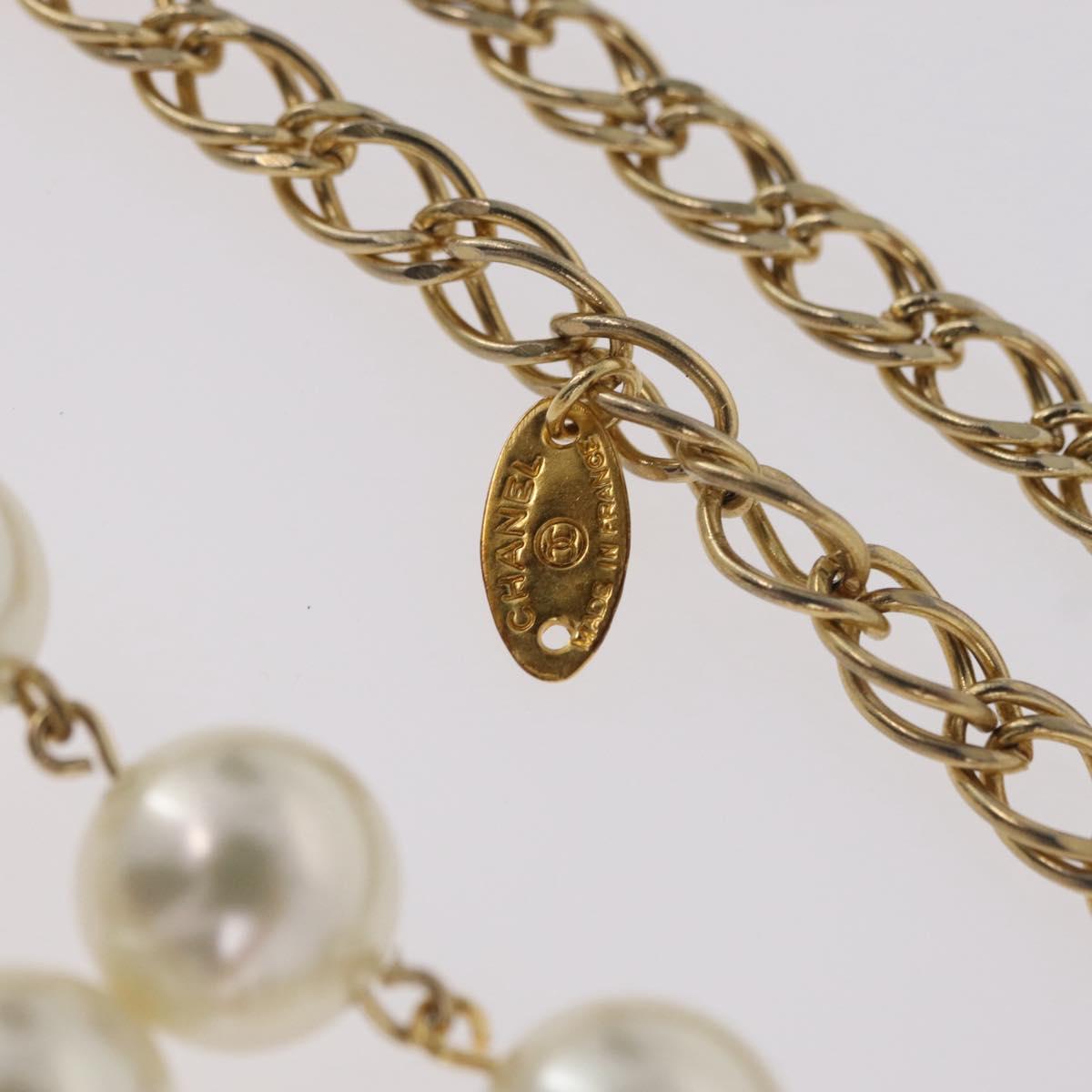 CHANEL Pearl Necklace Metal Gold Tone White CC Auth bs37529V