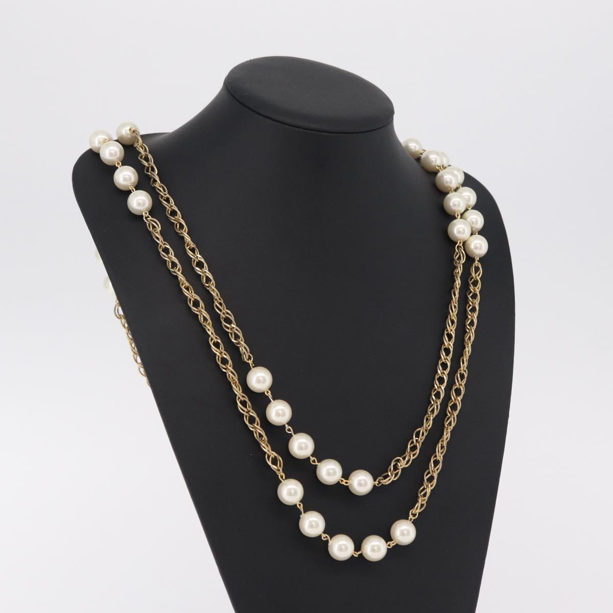 CHANEL Pearl Necklace Metal Gold Tone White CC Auth bs37529V