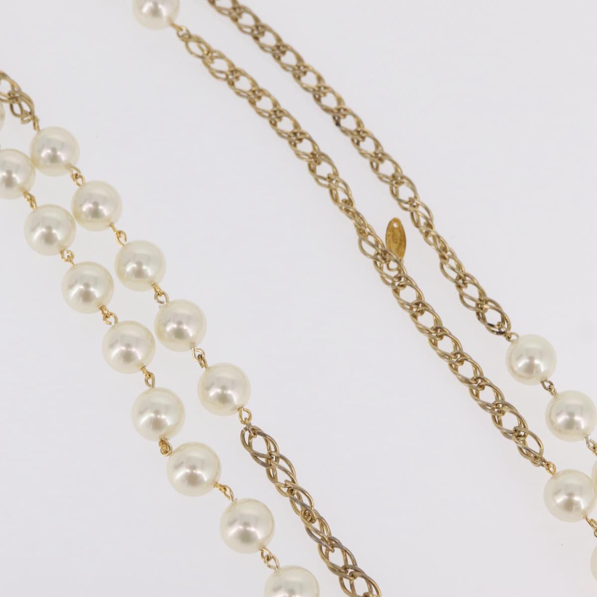 CHANEL Pearl Necklace Metal Gold Tone White CC Auth bs37529V