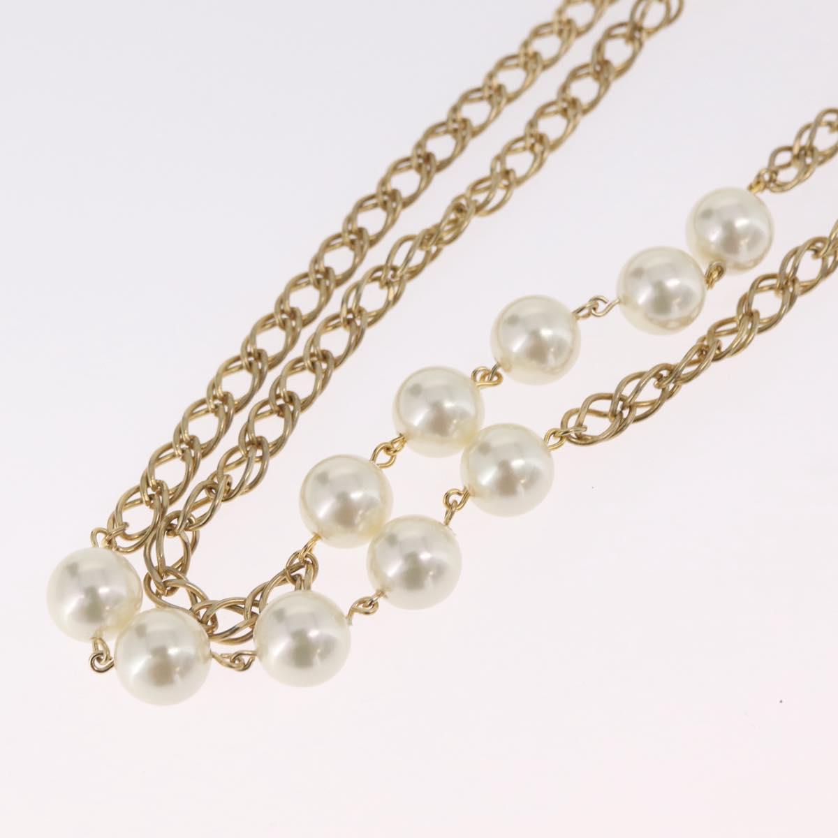 CHANEL Pearl Necklace Metal Gold Tone White CC Auth bs37529V