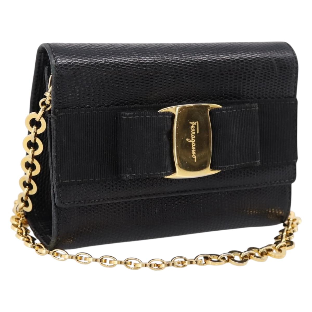 Salvatore Ferragamo Vala Chain Bag Leather Embossed Black Gold Auth bs37541