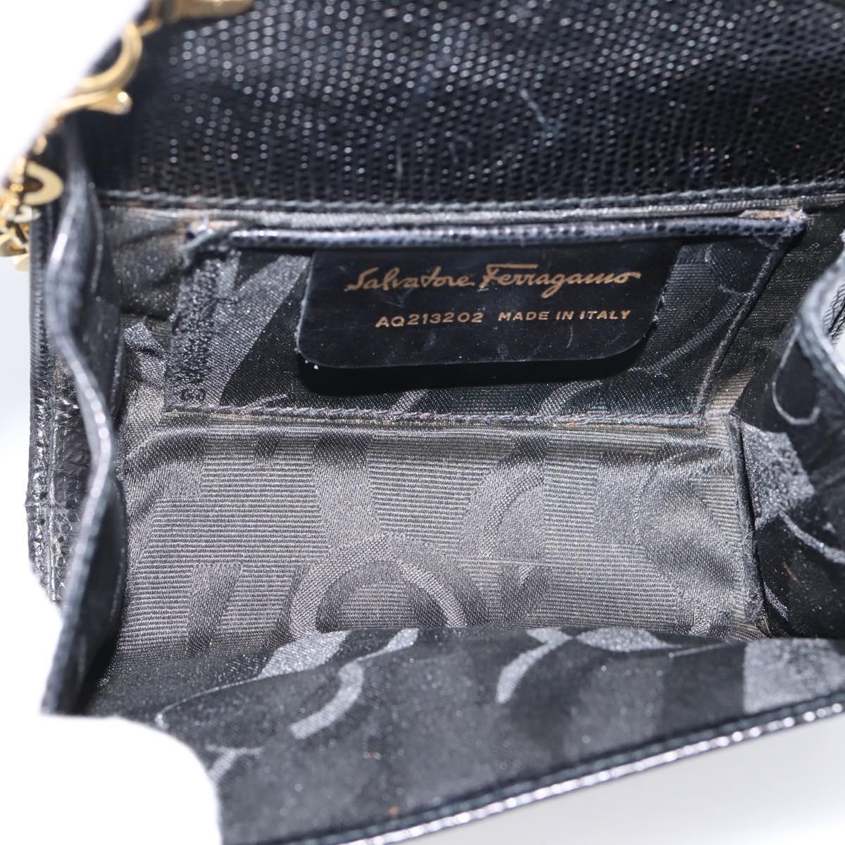 Salvatore Ferragamo Vala Chain Bag Leather Embossed Black Gold Auth bs37541