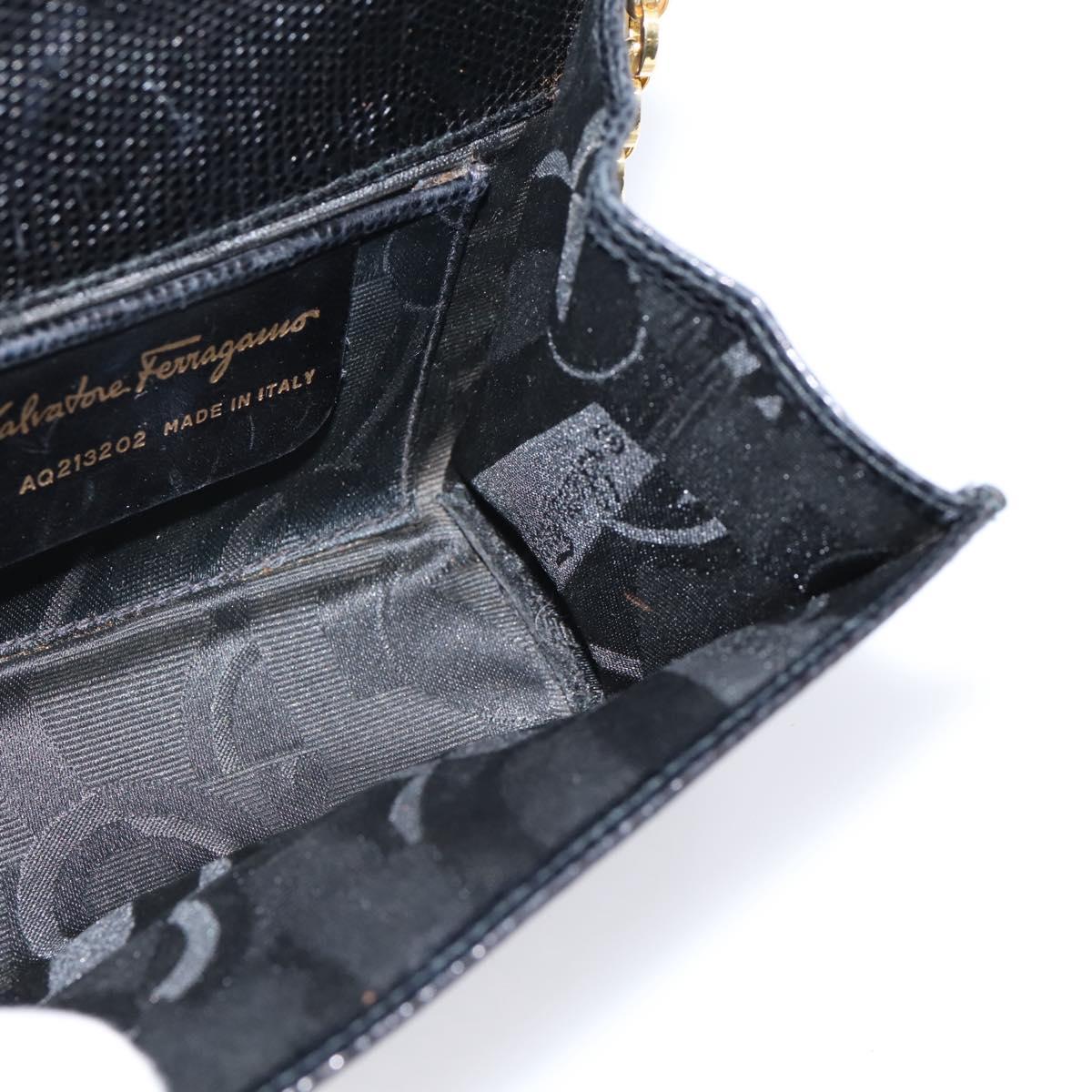 Salvatore Ferragamo Vala Chain Bag Leather Embossed Black Gold Auth bs37541