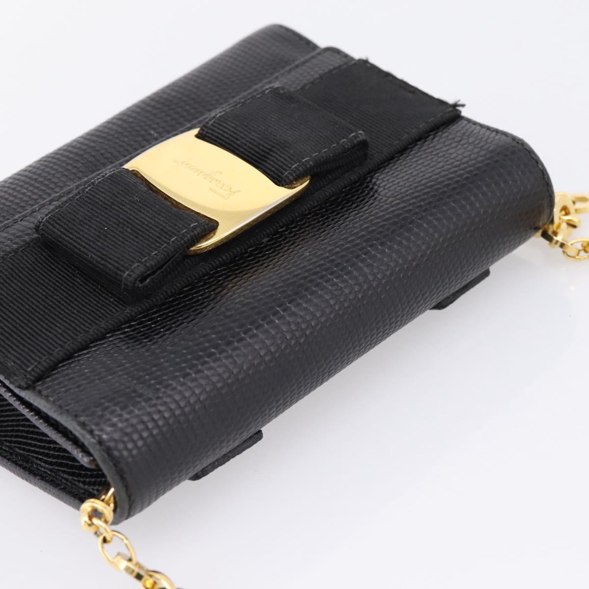 Salvatore Ferragamo Vala Chain Bag Leather Embossed Black Gold Auth bs37541