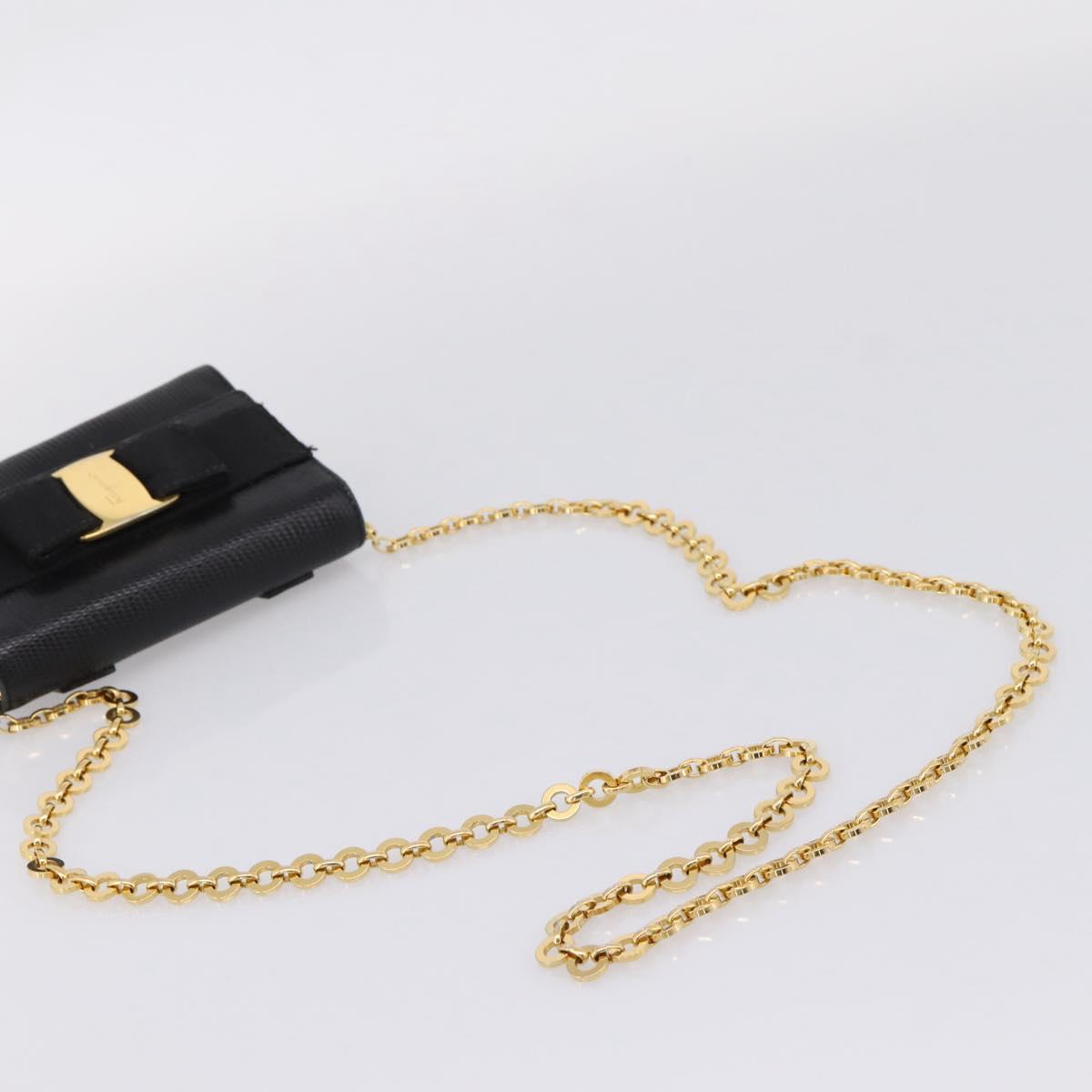 Salvatore Ferragamo Vala Chain Bag Leather Embossed Black Gold Auth bs37541