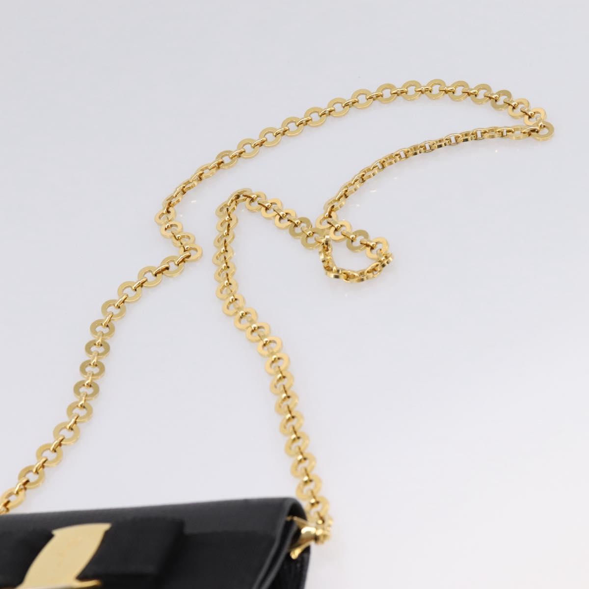 Salvatore Ferragamo Vala Chain Bag Leather Embossed Black Gold Auth bs37541