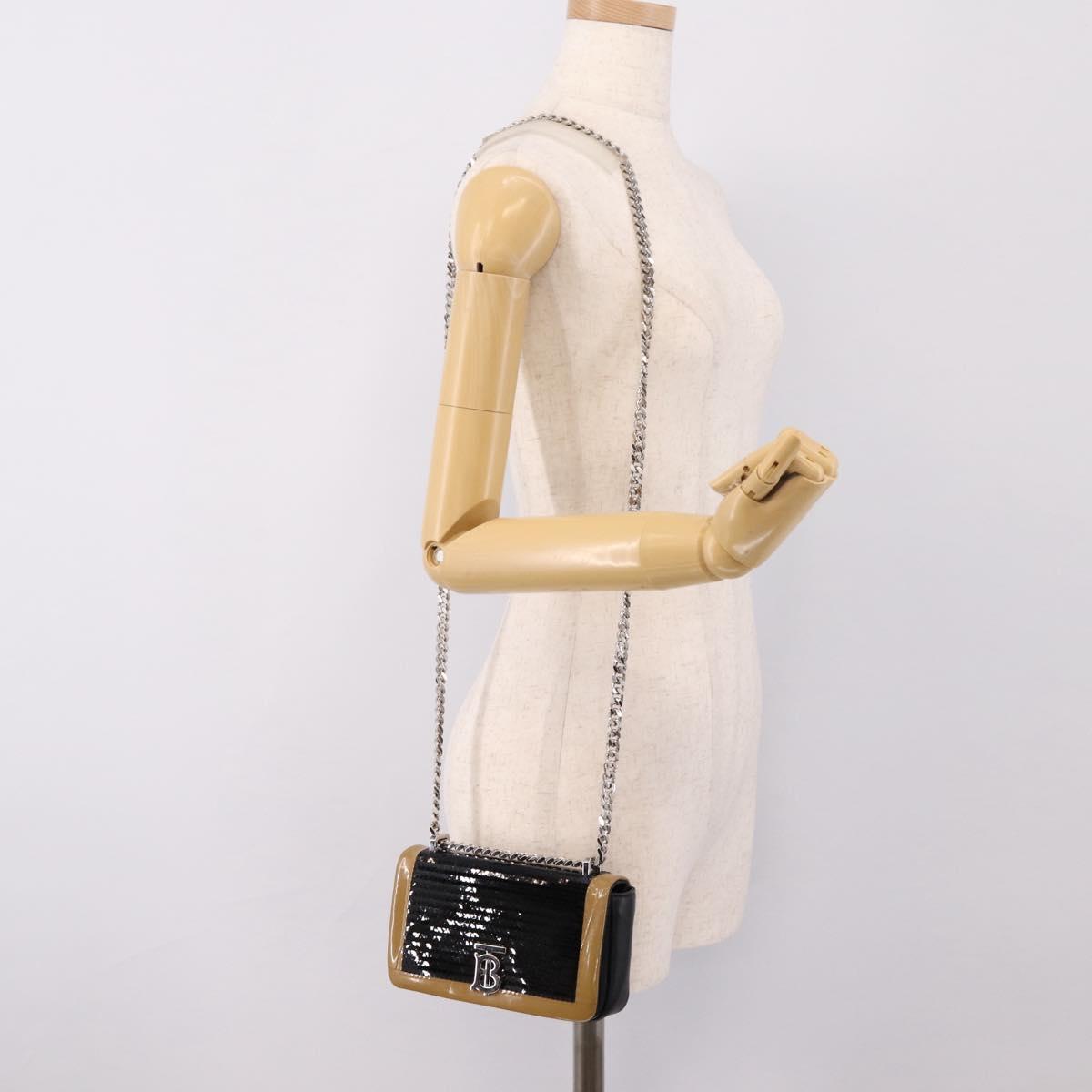 BURBERRY Chain Shoulder Bag Leather Sequins Black Silver Auth bs37543V
